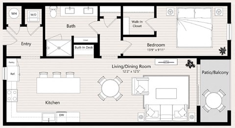 Floor plan for 1 bed, 1 bath, 967 sqft